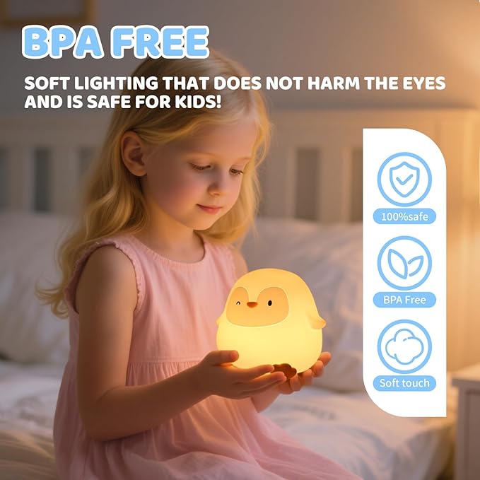 Penguin Silicone Night Light, 50H/12H Long Battery Life Touch Lamp with 30-Min Auto-Off Timer, Soft Dimmable Glow for Baby Kids Toddler Bedroom, Cute Easter Gift for Children