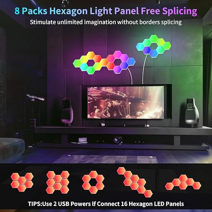 16-Pack Hexagon RGB LED Wall Lights – Modular Smart Light Panels with App & Remote Control, Music Sync & Dynamic Effects – DIY Gaming Room, Bedroom & Home Decor Lighting