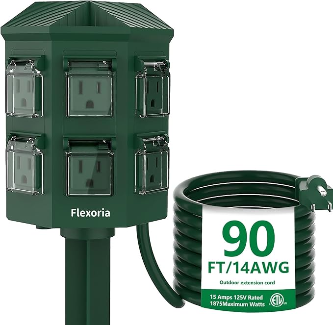 Outdoor Power Strip Waterproof, 90 FT Extension Cord, 6 Grounded Outlets for Christmas Decorations and Inflatables, 15A/1875W, ETL Listed