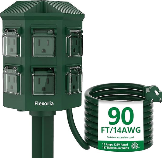 Outdoor Power Strip Waterproof, 90 FT Extension Cord, 6 Grounded Outlets for Christmas Decorations and Inflatables, 15A/1875W, ETL Listed