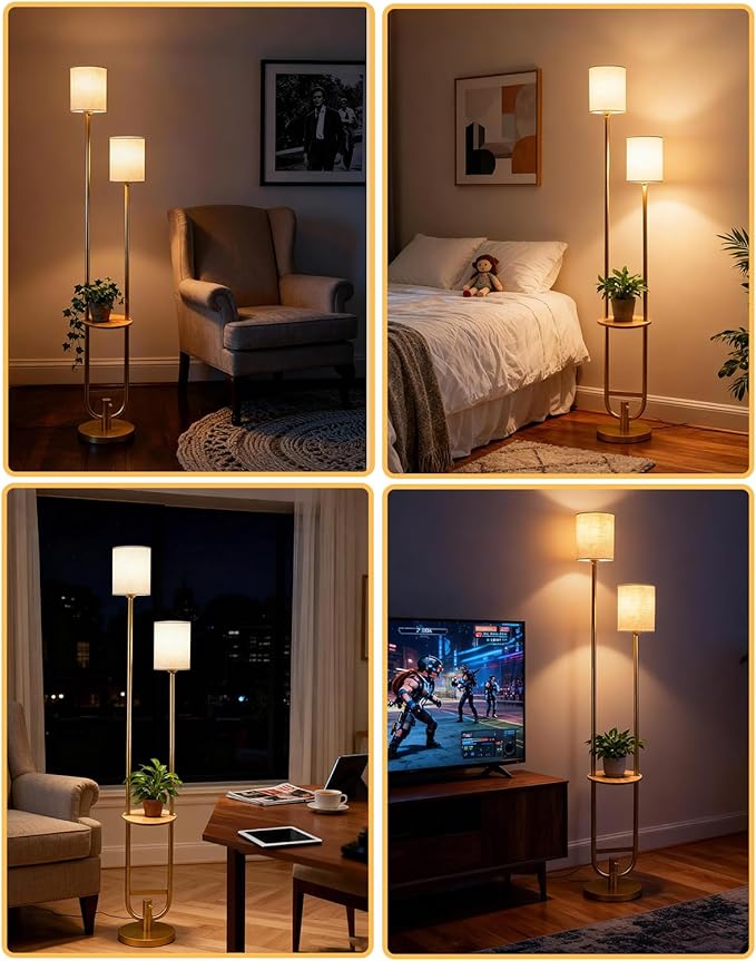 Lightdot 63Inch Floor Lamp with Table Dimmable Gold Floor Lamp for Living Room 2-Light Mid Century Modern Tall Standing Lamp with Fabric Shade for Bedroom/Sofa Beside/Corner Decor(Bulbs Included)