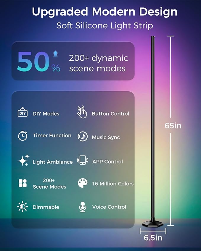 2 Pack Corner LED RGB Floor Lamp, Smart Dimmable Corner Light with Music Sync, Color Changing Ambient Lighting with App and Remote Control, for Bedroom, Living Room Gaming Room