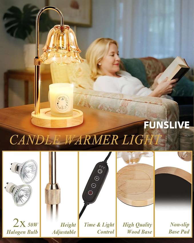 Flower Candle Warmer Lamp with Timer Dimmable, Birthday Gifts for Women Mom, Candle Warming Light Height Adjustable, Wax Melt Warmer for Jar Scented Candles, Housewarming Candle Lamp