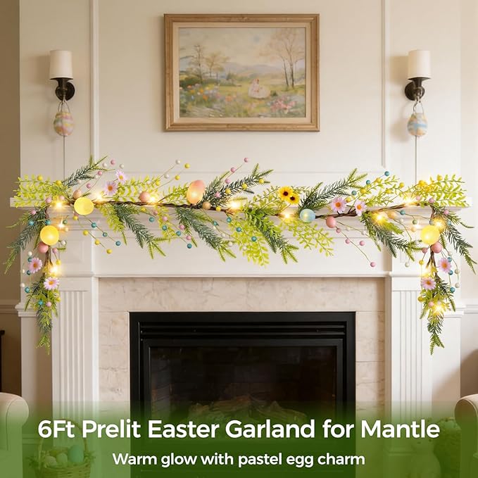 6FT Prelit Easter Garland with 20 LED Lights & 8 Modes Timer,Easter Decorations for Home,Battery Operated Lighted Easter Egg Garland with Berry Daisy for Mantle Door Table Indoor Outdoor Spring Decor