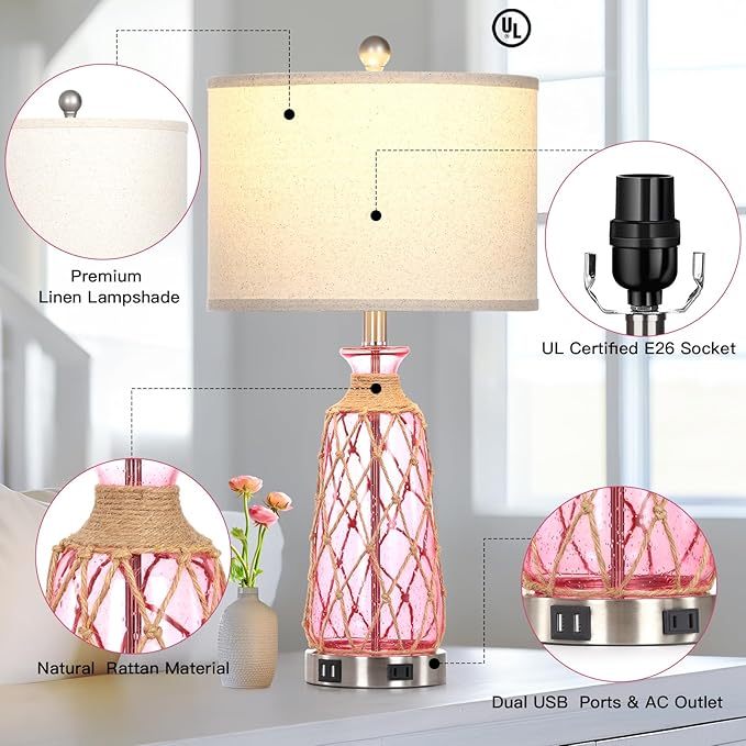 25.5" Coastal Glass Table Lamps Set of 2, 3-Way Dimmable Touch Control Bedside Lamps with 2 USB Ports and AC Outlet, Pink Nautical Nightstand Lamps for Bedroom Living Room (LED Bulbs Included)