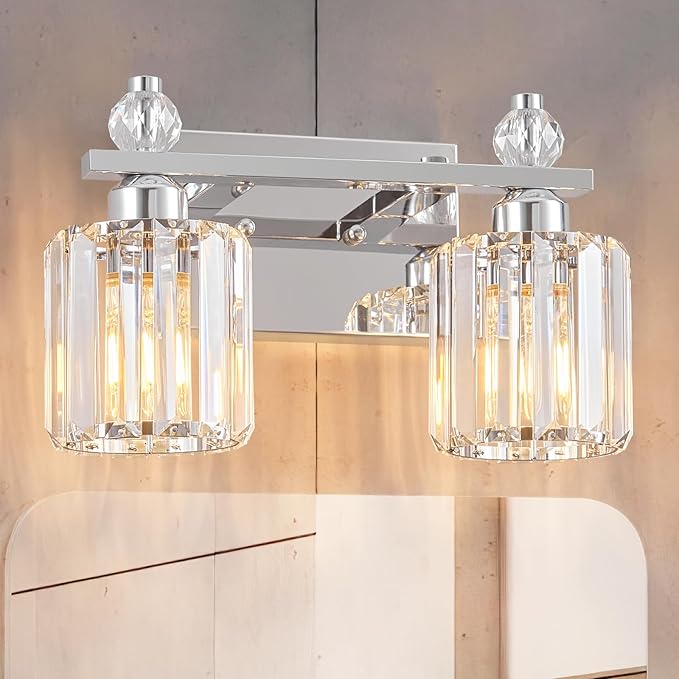 Bathroom Vanity Lights 2-Light Chrome Modern Crystal Vanity Light Fixtures Over Mirror Crystal Bathroom Vanity Lighting Fixtures