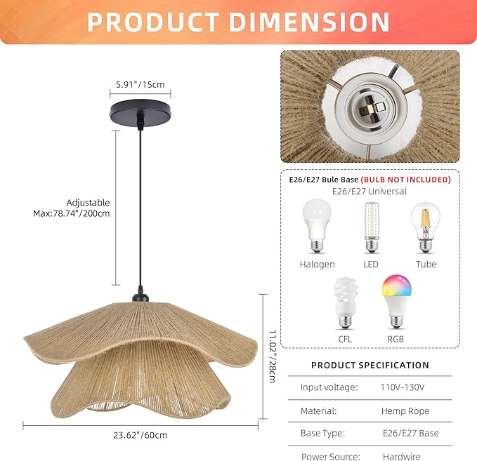 Arturesthome Pendant Light for Foyer Hallway Woven Pendant Lighting,Coastal Rope Lamp Shade Creative Ceiling Hanging Light for Dining Table Room