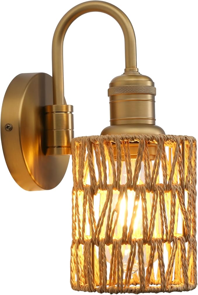 1-Light Vintage Gooseneck Sconce Wall Lighting with Rattan Shade, Boho Wall Sconce Hardwired Wall Lamp Fixture for Bedroom Bedside Hallway Living Room