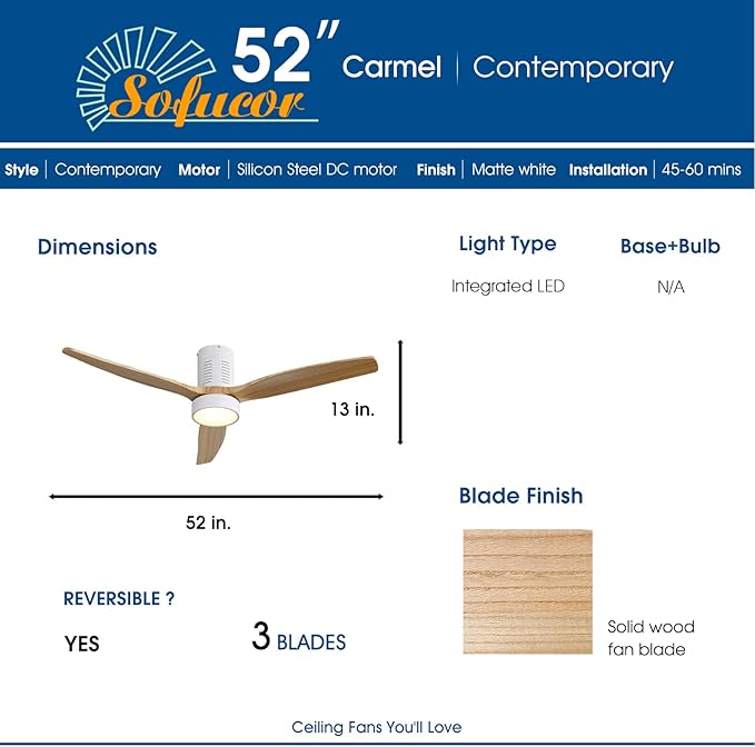 Sofucor Low Profile Ceiling Fan with Lights and Remote Control, 52'' Wood Ceiling Fan with 3 Color Temperature & Adjustable Brightness, Burlywood
