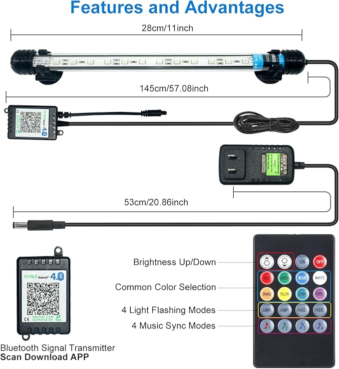 VARMHUS LED Aquarium Light,Fish Tank Light with Remote Controller&APP Control,DIY Full Spectrum Optional Color&Intelligent Timing and Dimming,29 Light Modes and 4 Music Control Modes 12LEDS-RGB 11''