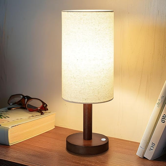Small Table Lamp Nightstand Lamp Linen Lampshade Bedroom Wood Base Small Bedside Lamp for Night Stands, Desk Lamps for Reading Living Room, Office (LED Bulb Included) (Blue)