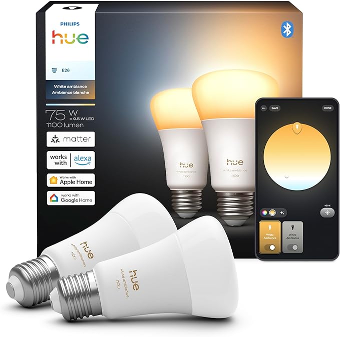 Philips Hue Smart LED A19 Bulb, White Ambiance, E26 Base, 9.5W, Full Spectrum Light 1000K-20000K, 1100 Lumens, Dimmable, Works with Alexa, Google, and Apple Home, 2pk