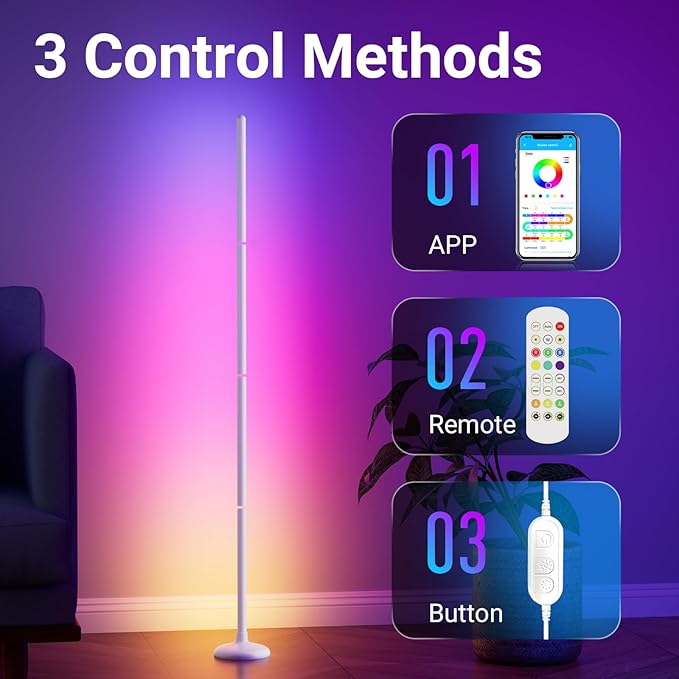 TJOY 2 Pack Smart Floor Lamps for Ambient Lighting, Crystal Joint Design, Modern LED Corner Light with Remote&APP Control, Music Sync, Color Changing Standing Lamp for Room(White,Plastic Material)