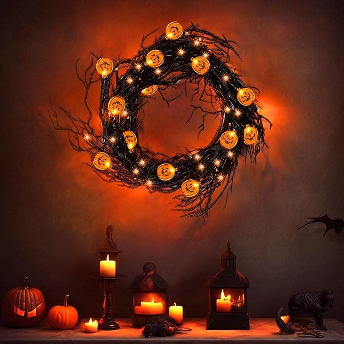 [ 8 Modes & Timer ] 6 Ft 45 LED Halloween Willow Vine Twig Garland Decorations with 15 Pumpkins Orange Lights, Battery Operated Waterproof Halloween Decorations for Home Wall Mantle Fireplace Decor