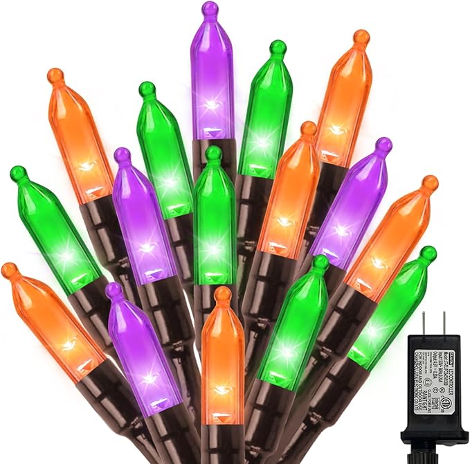 LAMPHOME Orange Purple Green Halloween String Lights Outdoor, 32.5FT 100 LED Waterproof Christmas Lights with 16 Lighting Modes for Halloween Garden Party Christmas Xmas Tree Lights Decor