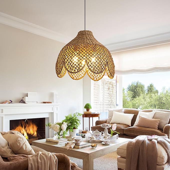 Rattan Pendant Light Fixtures,18.11" Boho Seagrass Pendant Light,3-Light Hand Woven Water Plants Rattan Chandelier for Dining Living Bedroom Kitchen Farmhouse