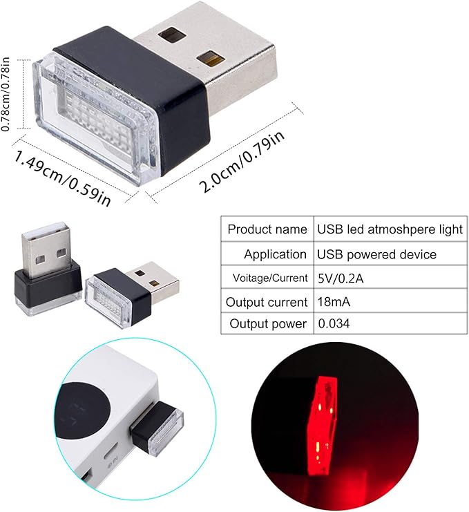 Febrytold 4Pcs Red USB Car Interior Atmosphere Lamps, Universal Mini Led USB Lights for Car Decoration, Lighting