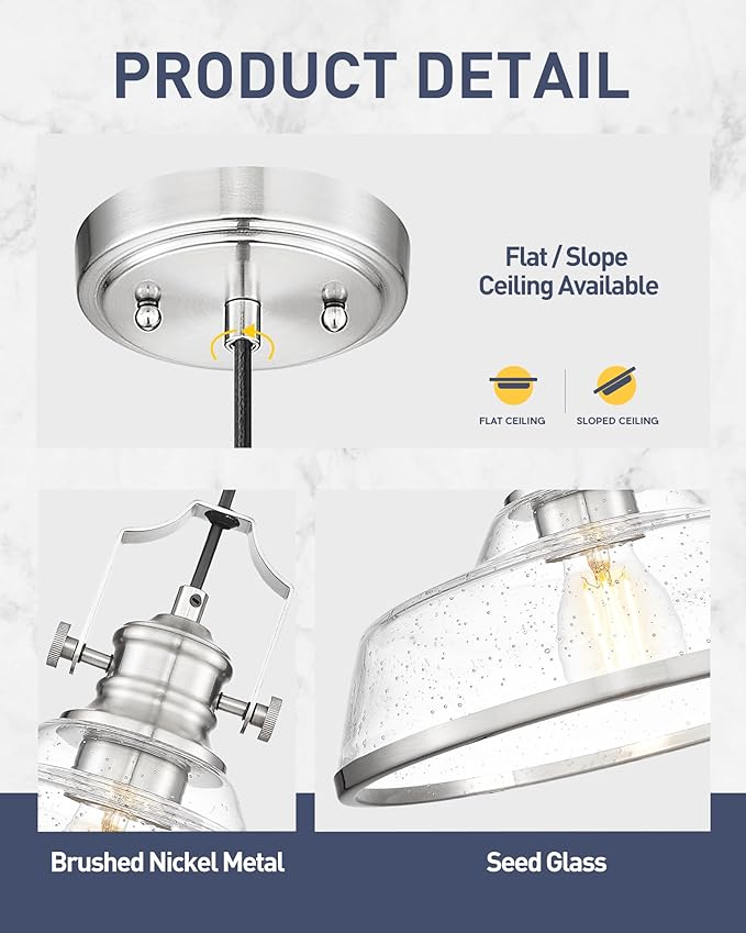 kudos Brushed Nickel Pendant Lights Kitchen Island, Large Pendant Light with Seeded Glass, Industrial Hanging Lighting for Kitchen Sink Dining Room Bathroom,KDPL13-BN-S