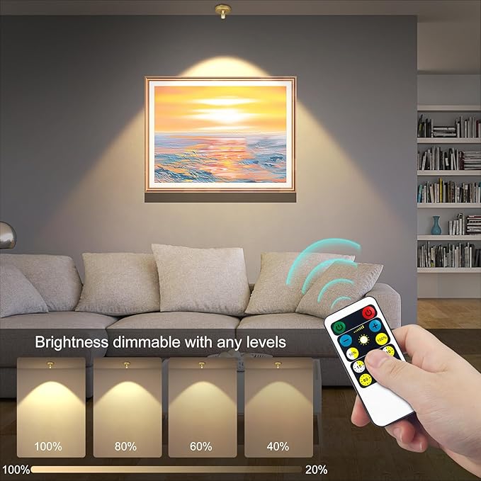 2Pack Wireless Battery Spotlight Indoor for Plants with Remote, Led Picture Painting Lights for Wall Art Display Decor,Puck Uplight for Trees Stick Indoor Spot Led Accent for Gallery Hallway Dimmable