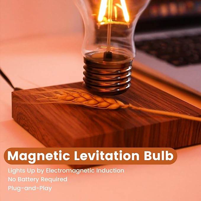 Levitating Lamp,Floating Light Bulb,Magnetic Levitating LED Desk Lamp for Unique Gifts,360 Degre Rotating Night light,Levitating Cool lamps for Home & Office,Birthday Christmas gift,Square Wooden Base