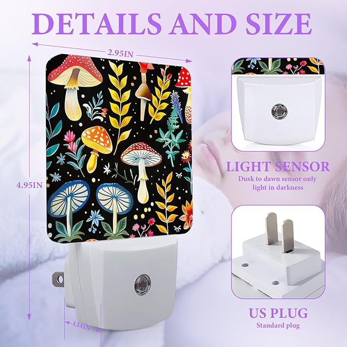 Mushroom Night Light,Misty Forest Plug-in Night Lights with Dusk-to-Dawn Sensor for Bedroom,Bathroom and Living Room Sleep Friendly lamp 0.5w