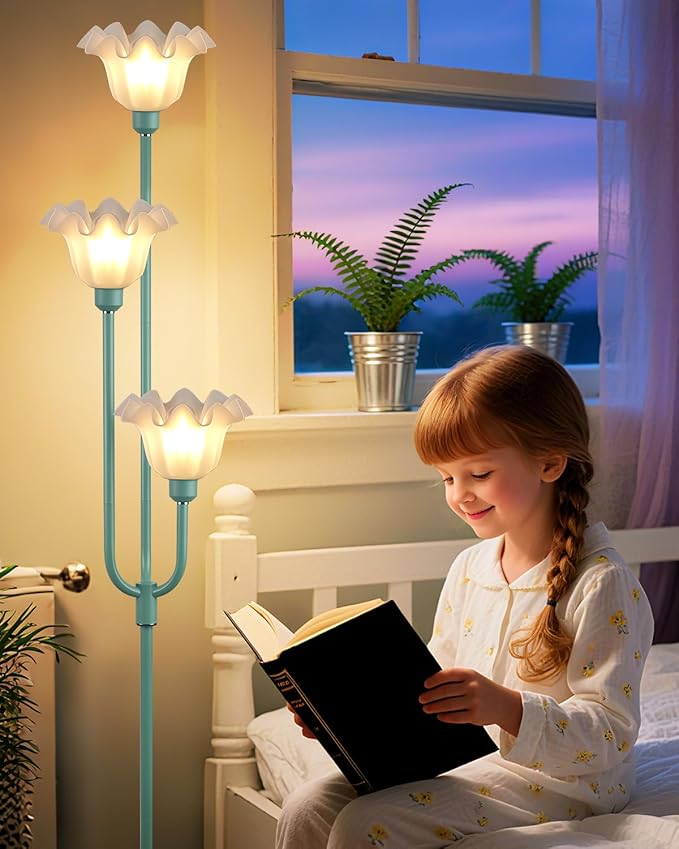 Lightdot Flower Floor Lamp 3-Lights Rustic Floor Lamps with 3000K Warm White Bulbs Included for Wedding Party Modern Tall Standing Lamp for Living Room/Bedroom/Sofa Beside/Corner Decor-Grey Green