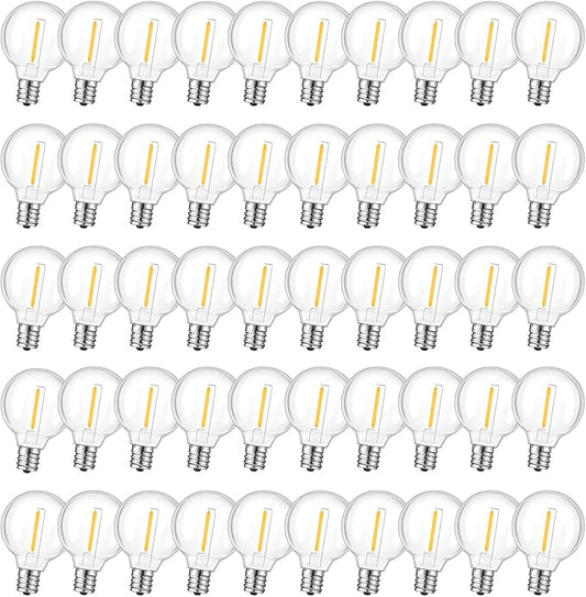 50 Pack LED G40 Replacement Bulbs for String Lights, Shatterproof Plastic Globe Bulb for Indoor Outdoor Patio Decor, E12 Candelabra Socket Base, Warm White