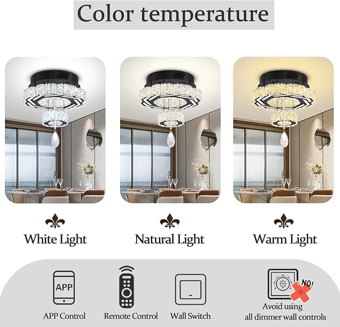 Flashing God 12" Modern Crystal Chandeliers Black Flush Mount Ceiling Chandelier Mini Chandelier for Hallway LED Dimmable Crystal Pendant Light for Dining Room Living Room Bedroom