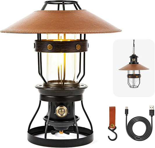 Metal LED Retro Camping Lantern, 2-in-1 Hanging/Standing, Dimmable, 3500mAh Rechargeable, Water Resistant, Brown