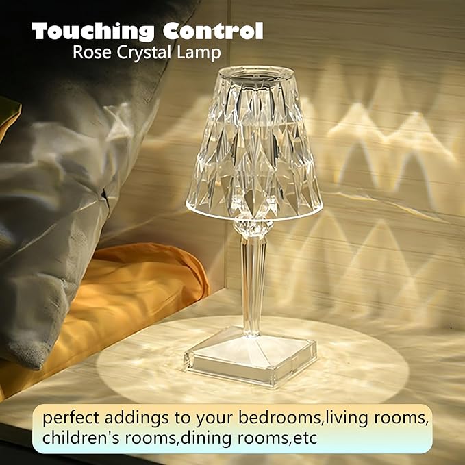 Crystal Cordless Lamp, Touch Dimmable 3 Color LED Rechargeable Romantic Small Lamp, Battery Operated Decor Night Light for Bedroom, Living Room, Party, Dinner, Bar