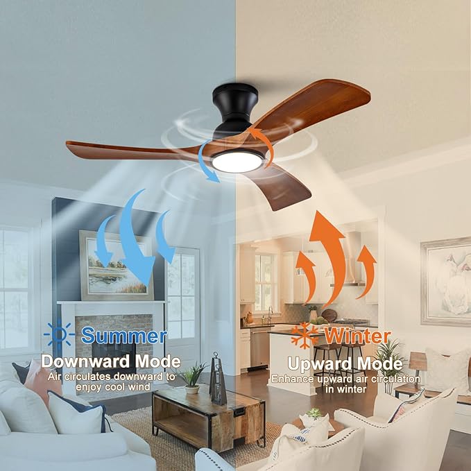 42 inch Flush Mount Ceiling Fans with Lights,Remote Control,Wall Switch,Solid Wood Blades,Dimmable,Reversible,Noiseless,Power Off Memory Low Profile Ceiling Fan for Bedroom Patio Indoor/Outdoor