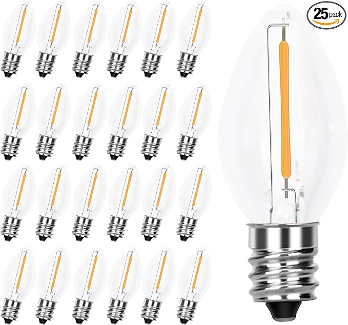 25 Pack C7 LED Replacement Christmas Light Bulb, Shatterproof LED Bulbs for Christmas Outdoor Indoor String Lights, E12 Candelabra Base, 0.6 Watt, Saving Enengy LED Bulbs, Warm White