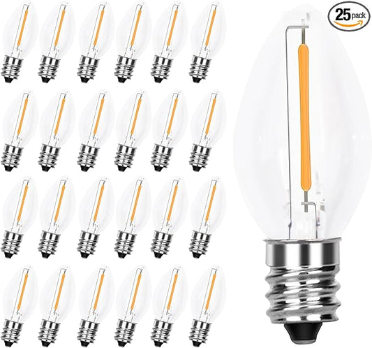 25 Pack C7 LED Replacement Christmas Light Bulb, Shatterproof LED Bulbs for Christmas Outdoor Indoor String Lights, E12 Candelabra Base, 0.6 Watt, Saving Enengy LED Bulbs, Warm White