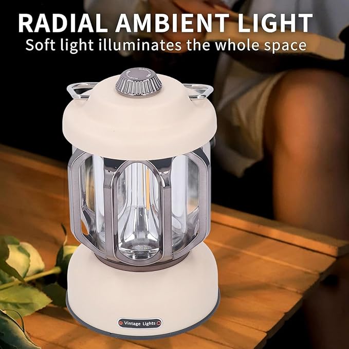 Retro Camping Lantern, Rechargeable LED Tent Lamp with 3 Light Modes, Dimmable Vintage Camping Light with Hook, USB Type C Portable Lantern for Garden Outdoor (Beige)