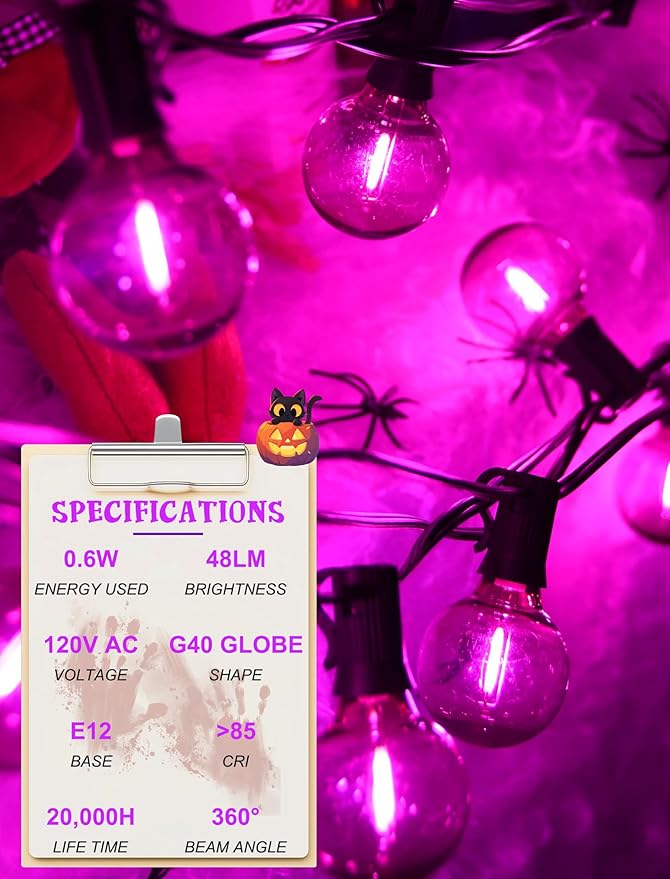 SUNSGNE 25 Pack Halloween Globe Purple Light Bulbs, G40 LED Purple Replacement Light Bulbs for Halloween Christmas String Lights, 0.6 Watt - E12 Candelabra Base