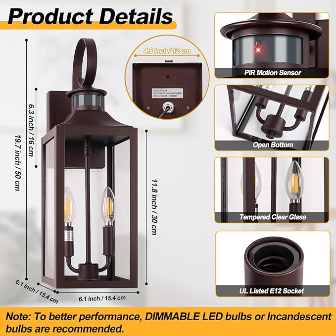 20" Oil Rubbed Bronze Motion Sensor Outdoor Light, Large Dusk to Dawn Outdoor Lighting Fixture, Farmhouse Wall Mounted Porch Lamp, Waterproof Brown Sconce for Outside Patio, 3 Modes/2-Light/1-Pack