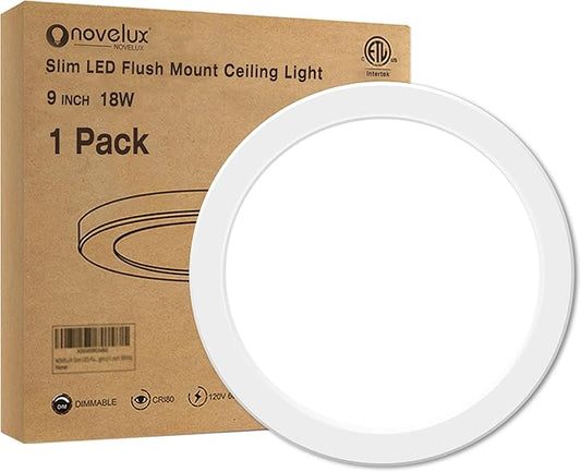 Flush Mount Ceiling Light Fixture - ETL Certified - 9 Inch Dimmable 5000K Daylight White LED, 0.63'' Ultra Thin Round Design for Bedroom, Bathroom, Kitchen, Hallway, Basement, Closet (1-Pack)‌