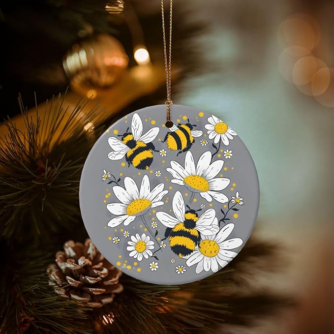 Daisy Flower Floral Bee Christmas Ornaments, Christmas Decorations Xmas Tree Hanging Ornaments, Round Ceramic Festive Keepsake Gift for Xmas Decorations Holiday Home Decor