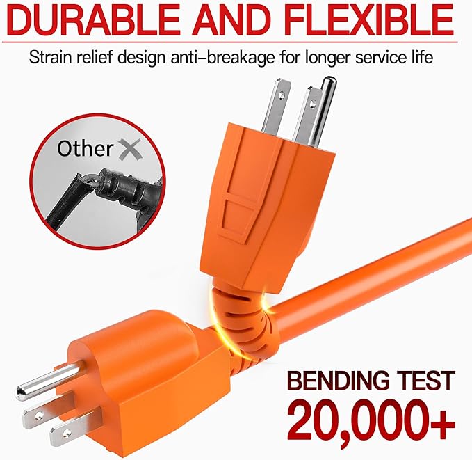 16/3 50 FT Outdoor Extension Cord Waterproof, Weatherproof & Flame Retardant Orange 3 Prong Power Cord Outside for Lawn & Garden, 13 Amps 1625 Watts 125 VAC 16AWG SJTW, ETL Listed