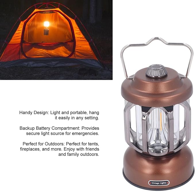 Retro Camping Lantern, Rechargeable LED Tent Lamp with 3 Light Modes, Dimmable Vintage Camping Light with Hook, USB Type C Portable Lantern for Garden Outdoor (Brown)