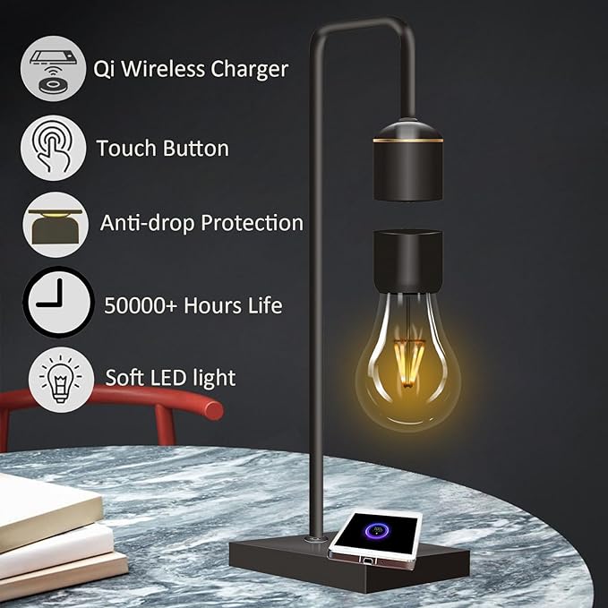 Magnetic Levitating Light Bulb with Luxury Wireless Charging Pad (Apple/Android) Levitation Plastic Black Floating Table Lamp White LED Night Light for Bedrooms Desk Toys Office Gifts