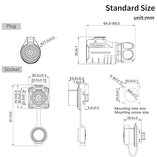 CNLINKO LP20 Reverse Mount 14-Pin Waterproof Circular Electrical Connector, IP68 Female Plug Male Socket for Automotive Machinery and Outdoor Use Quick Connect Aviation Connector (Plastic Plug)