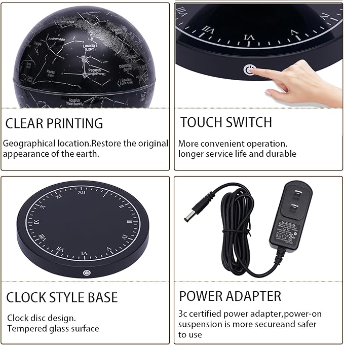 Levitating Globe Magnetic Floating Globe Night Light Constellation Ball with LED Light Display Cool Tech Children Educational Gift Home Office Desk Decor (Black-Clock Base)