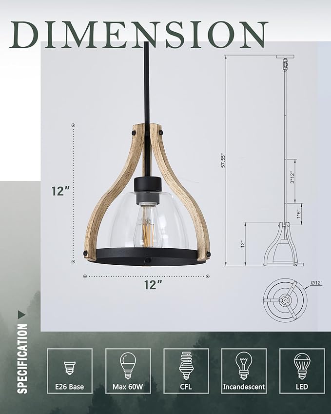 Pendant Light Fixtures, Farmhouse Wood and Glass Pendant Lighting for Kitchen Island, Rustic Pendant Lights, Height Adjustable, MD89437
