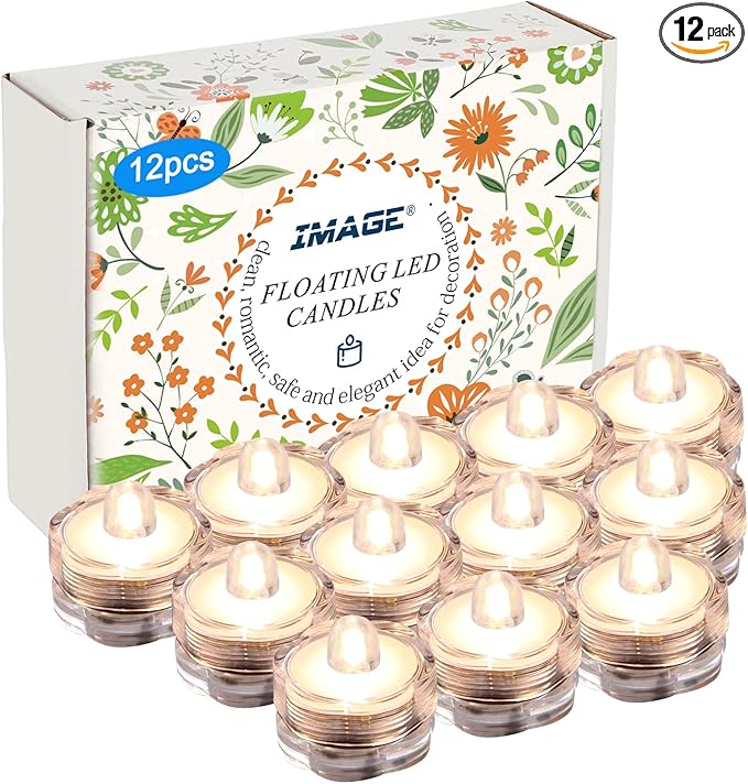 IMAGE 12x LED Waterproof Submersible Tealights Flameless Tealight Battery-Operated Sub Lights for Wedding Christmas Thanksgiving Party Events Home Decor Floral Warm White