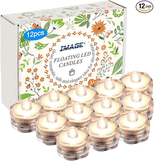 IMAGE 12x LED Waterproof Submersible Tealights Flameless Tealight Battery-Operated Sub Lights for Wedding Christmas Thanksgiving Party Events Home Decor Floral Warm White