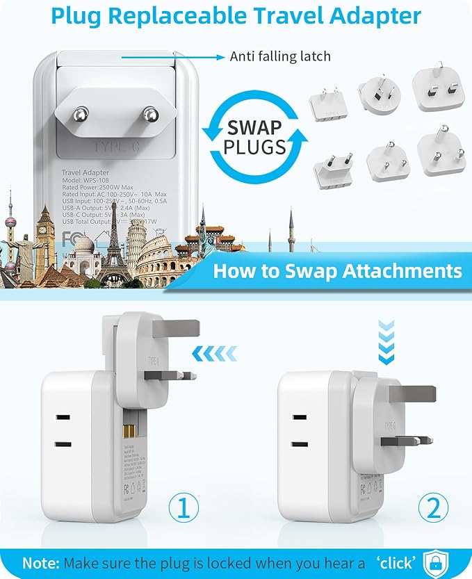European Travel Plug Adapter Set, 8-in-1 Travel Adapter with 4 AC, 4 USB Ports (2 USB C), US to EU/UK Universal Adapter, International Power Adapter with Type C/G/A/I/D/M Detachable Plugs