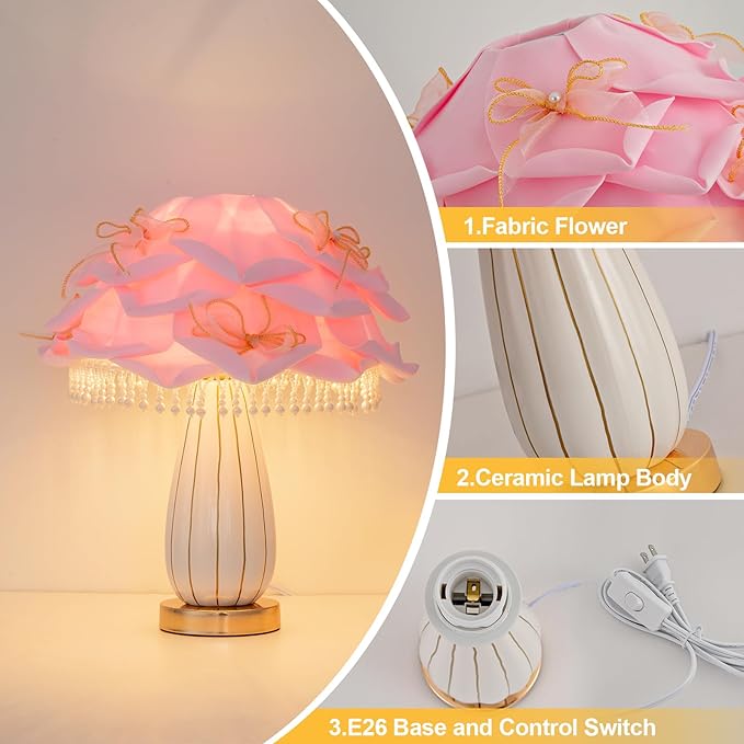 Pink Girls Table Lamp Romantic Bouquet Bedside Lamp Cute Nightstand Light Nordic Table Lamp for Bedroom Living Room Entry Office Study Room Kid Room Valentines Dating Wedding Decor