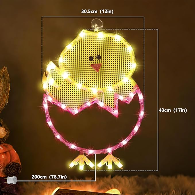 17" 40LED Lighted Cartoon Chick Easter Decor, Warm Glow for Window/Mantel, 120V Plug-in, UL Certified, Sturdy Gift Box Packed