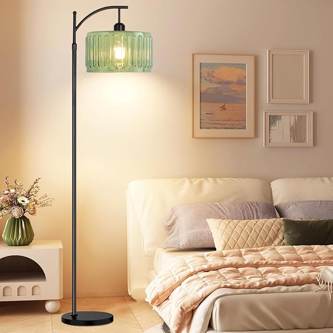 Black Floor Lamp for Living Room,Bedroom,Standing Lamp with Remote Dimmable Tall Lamp Vintage Retro Mid Century Modern Floor Lamps Arc Green Glass Lamp Floor Light Boho Bohemian